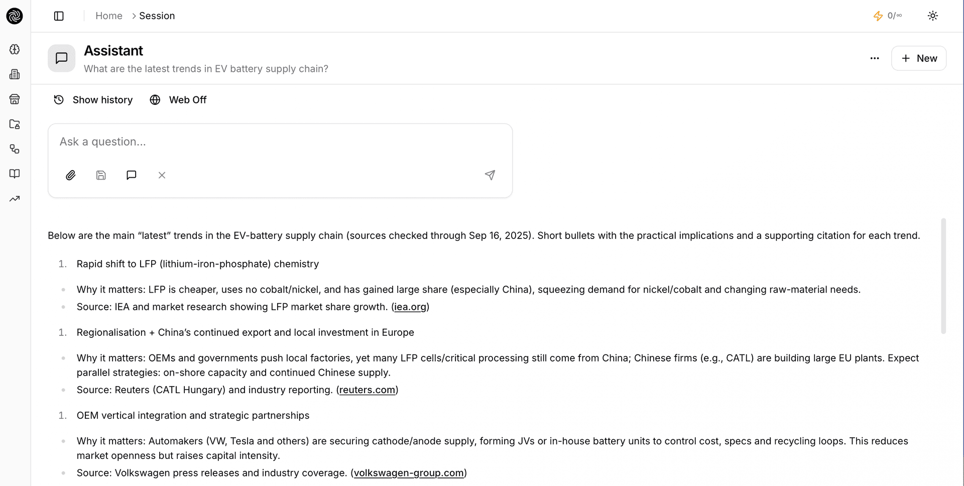 Live SUMEDIAN assistant conversation with sourcing insights